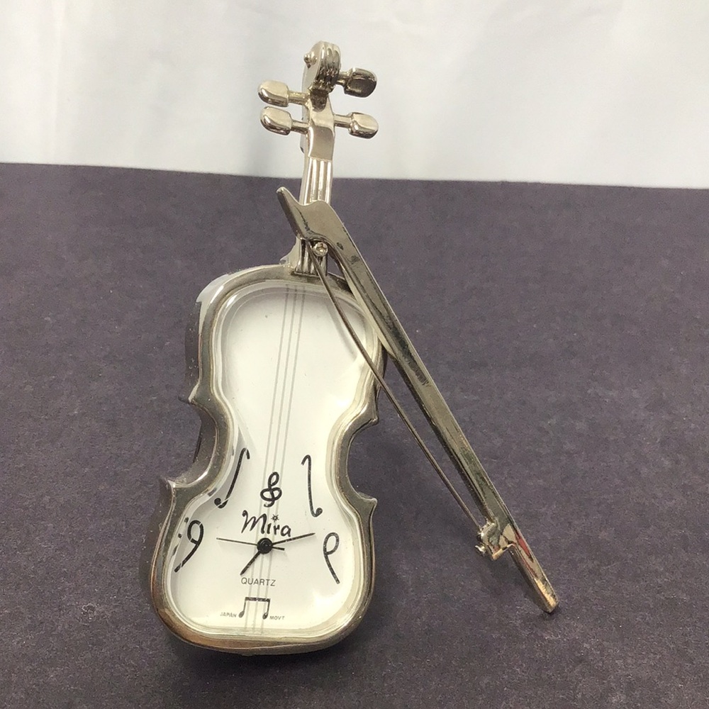 Mira miniature Violin or Cello Shaped Quartz Clock silvertone metal